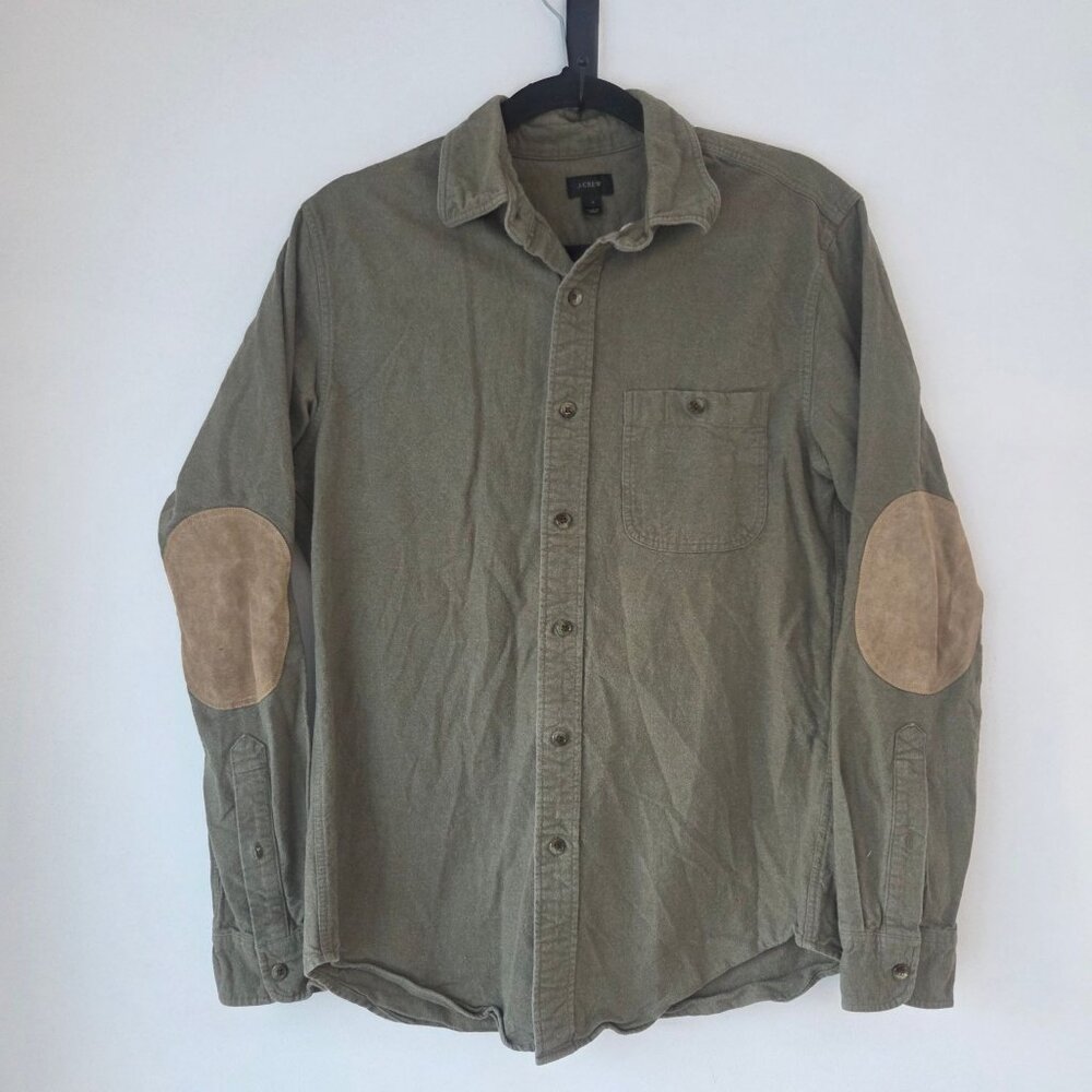 J. Crew Olive Green Flannel Long Sleeve Button Down Shirt Elbow Patches Men's S